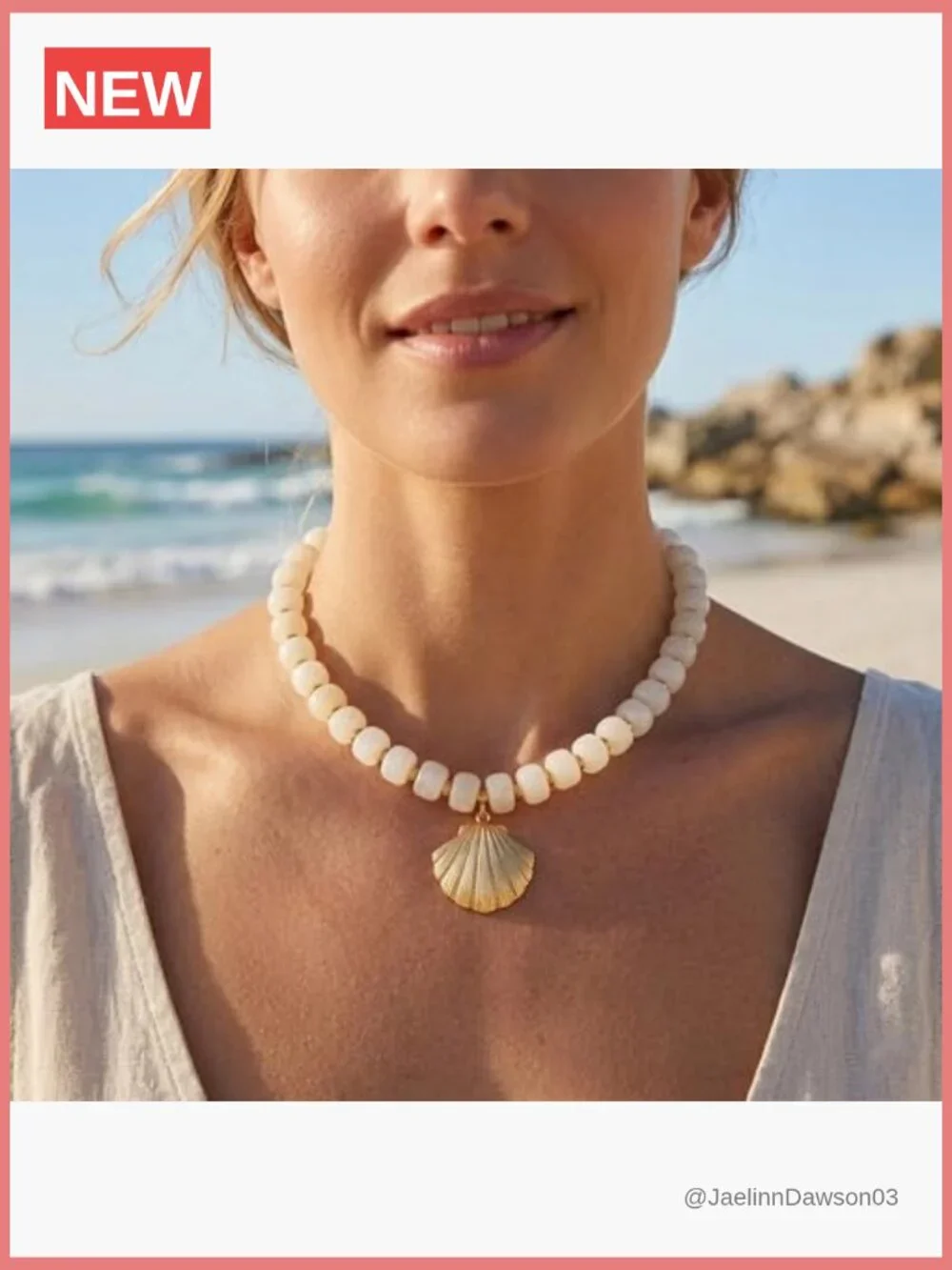 Chunky Beaded Statement Necklace with Seashell Pendant Adjustable Lobster Clasp